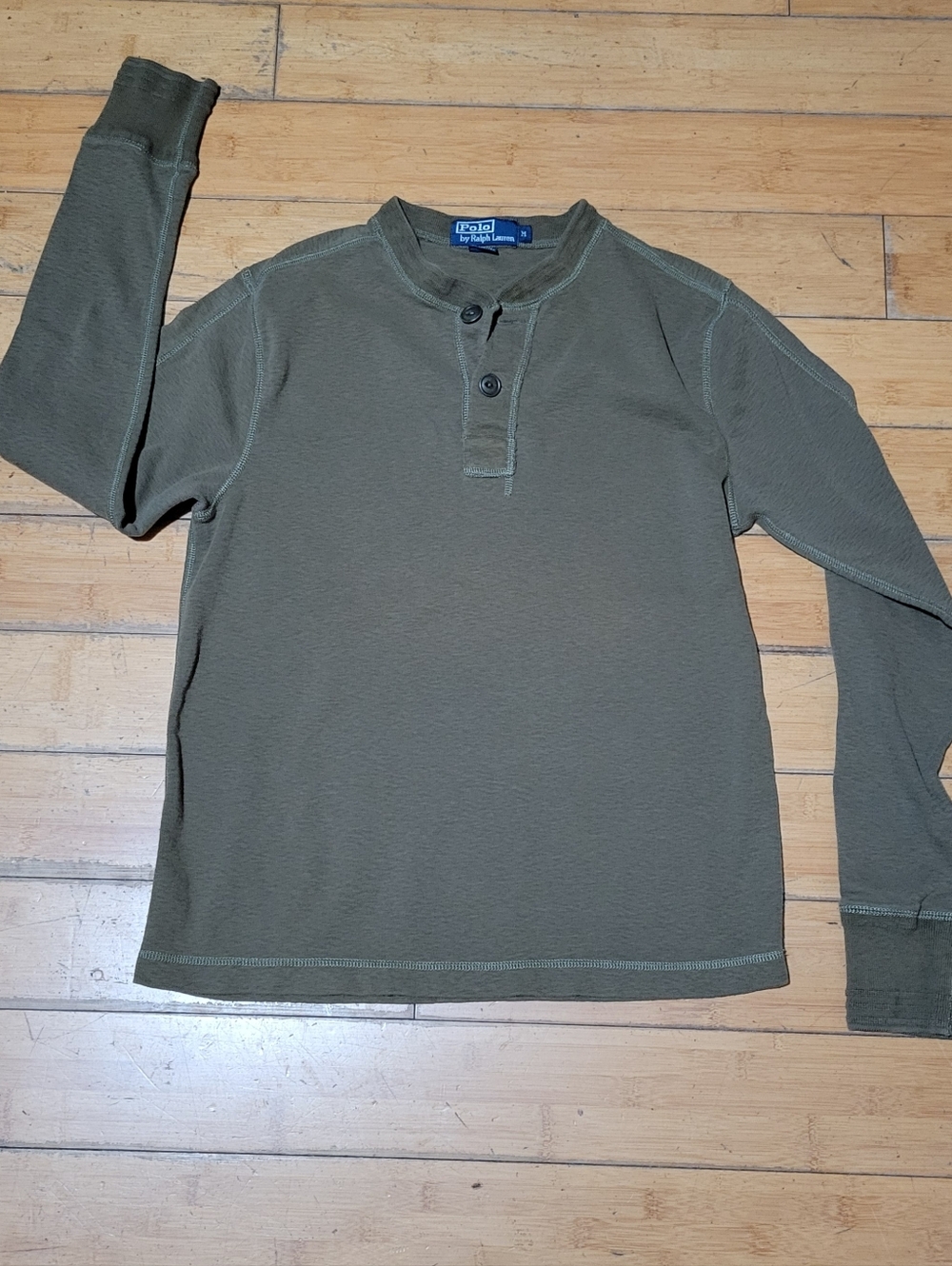 Vintage POLO Ralph Lauren Olive Green Waffle Knit Henley Shirt M
